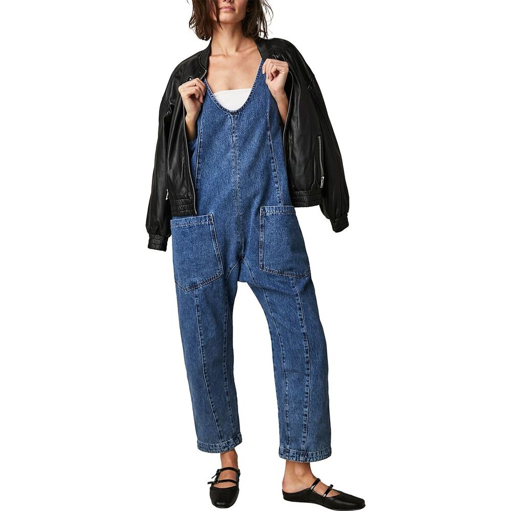 Free People We The Free Sapphire Blue Cotton High Roller Relaxed Denim Jumpsuit - Picture 3 of 10